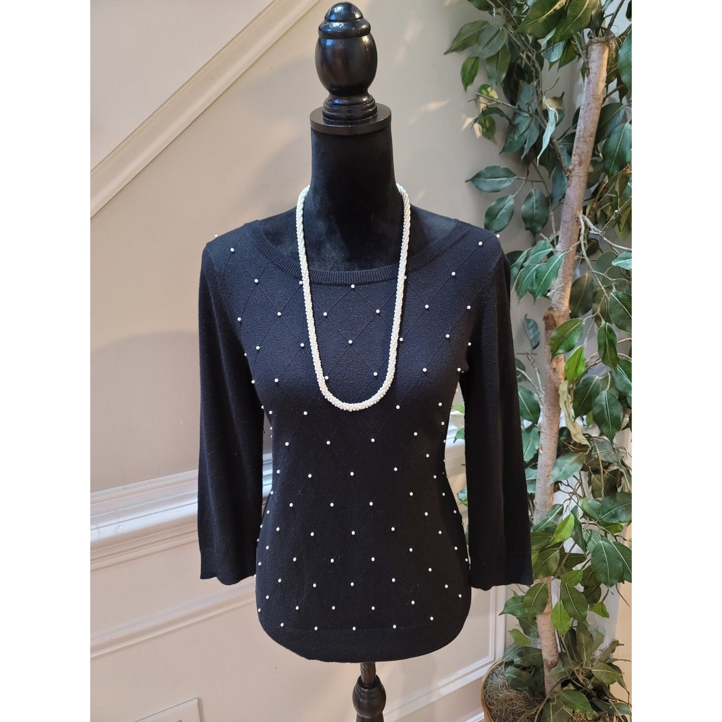 ELLE Sweater Women's Medium Black Pearl Embellished 34 Sleeve Pullover Knit