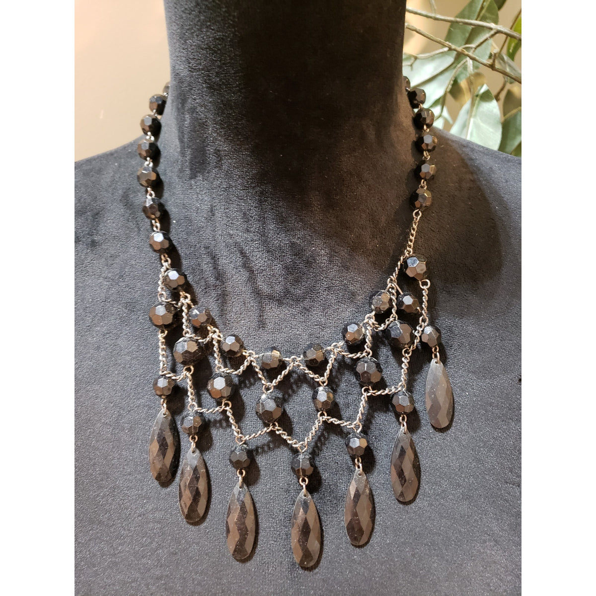 Womens Silver Tone Black Crystal Glass Beads Statement Necklace with Lobster