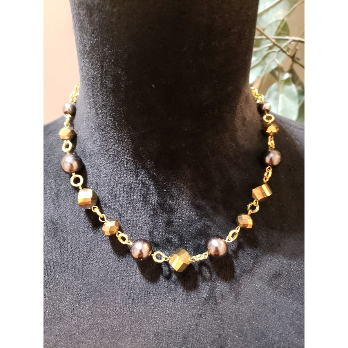 Womens Gold Metallic Round and Square Beads with Brown Necklace