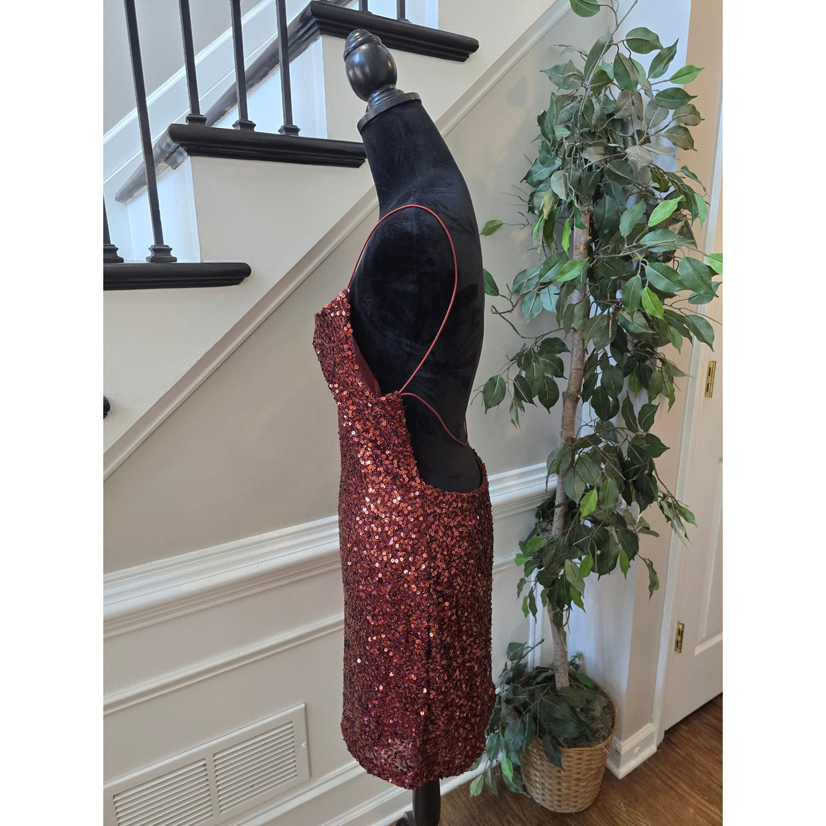 B. Darlin Mini Dress Women's Chest Small Red Sequin Open Back Spaghetti Straps