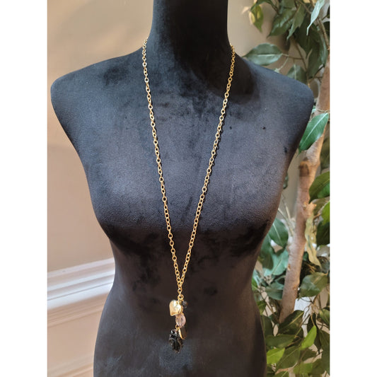 Women's Gold Chain Necklace With Lobster Clasp Black Rose Heart And Bead Charms