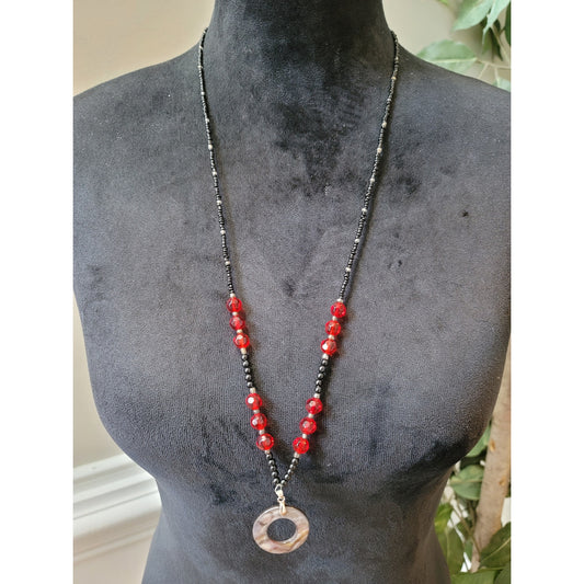 Women's Red Beaded Necklace With Black Glass Beads And Lobster Claw Clasp