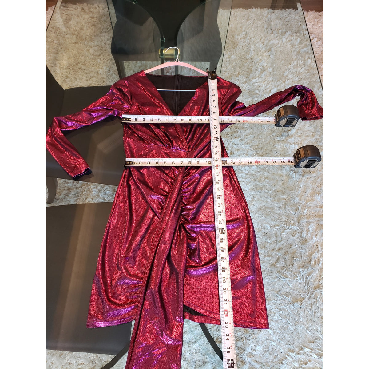 Women's Wrap Dress Small Purple Metallic Tight Waist Ruched Back Zip Deep V Neck