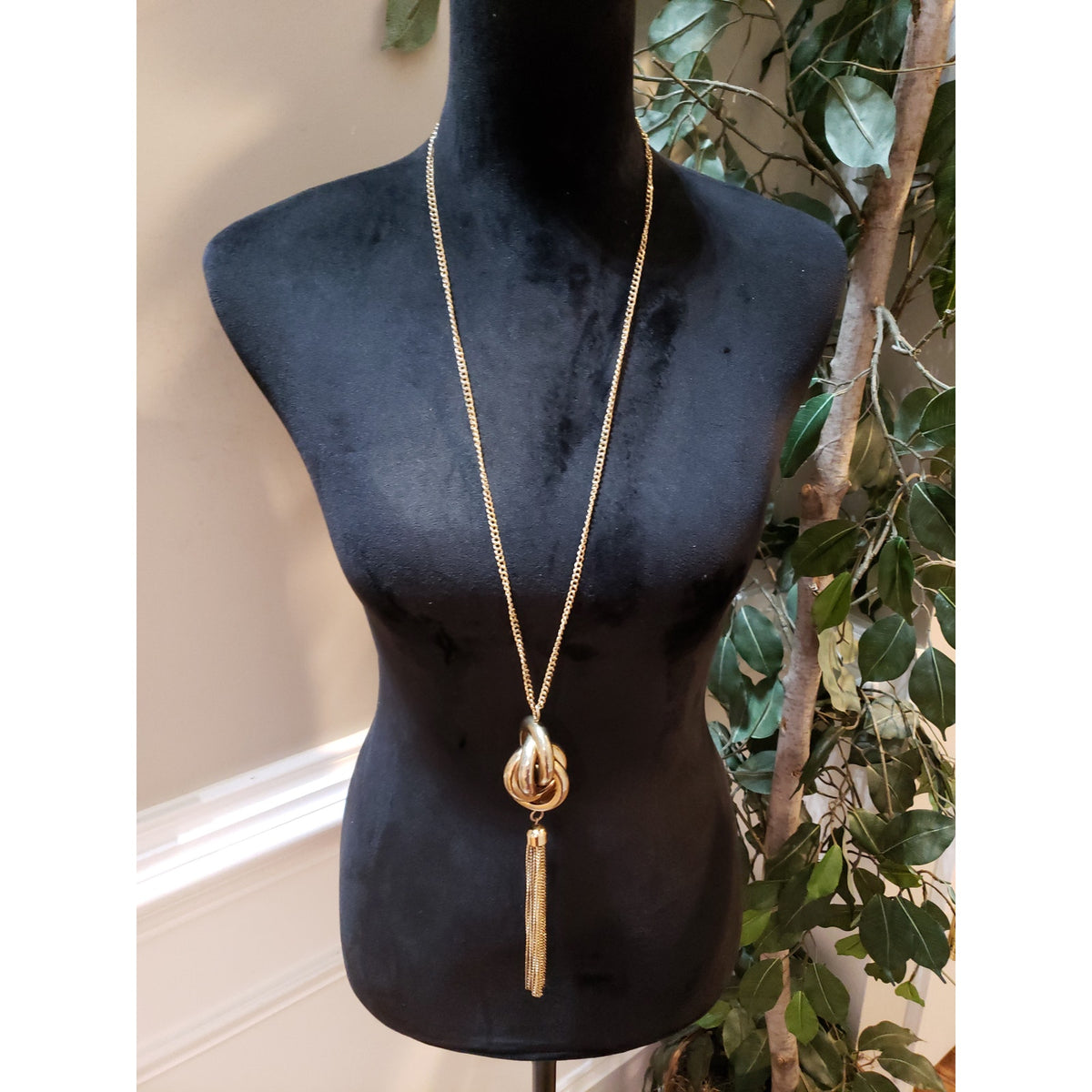 Womens Fashion Gold Tone Knot Drop Rings Chain Tassel Lariat Necklace Jewelry