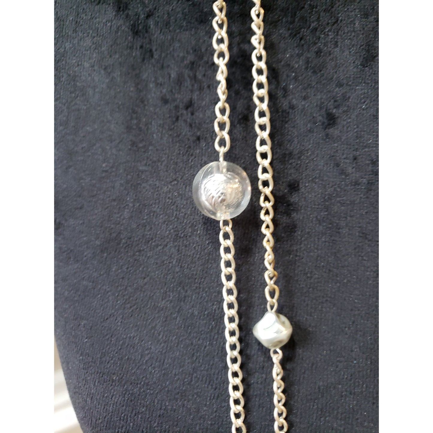 Women's Silver Multi-Strand Long Chain Necklace with Clear Glass Bead Accents