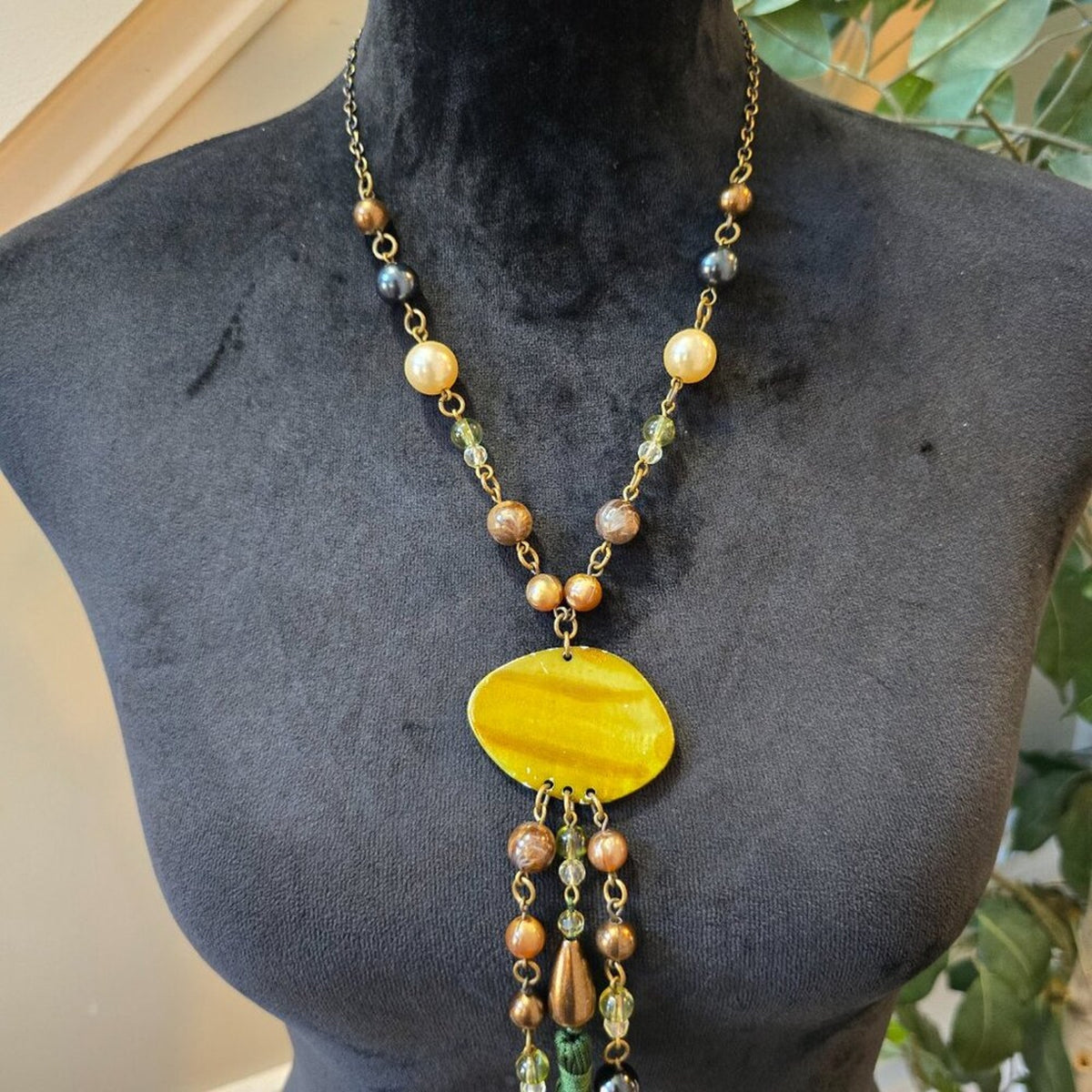 Womens Fashion Yellow Pearl Beaded Tassels Pendant Necklace with Lobster Clasp