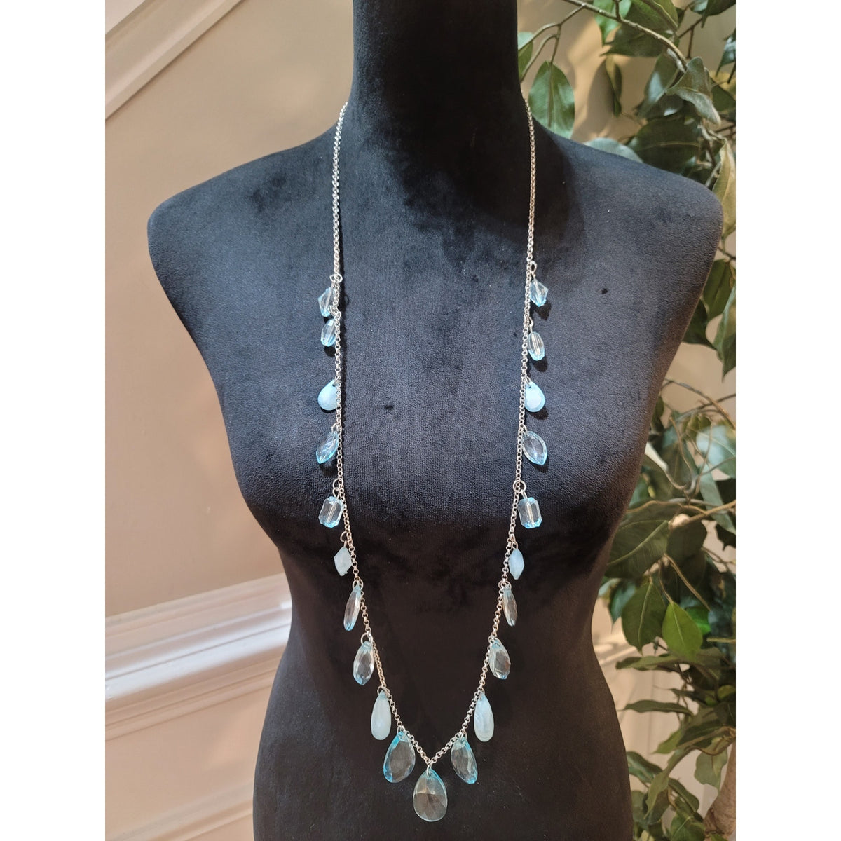Womens Long Silver Chain Necklace With Blue Teardrop Crystal Charms Lobster Lock