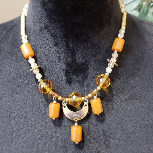 Women's Yellow Agate and Jasper Glass Charms Necklace Jewelry with Lobster Clasp