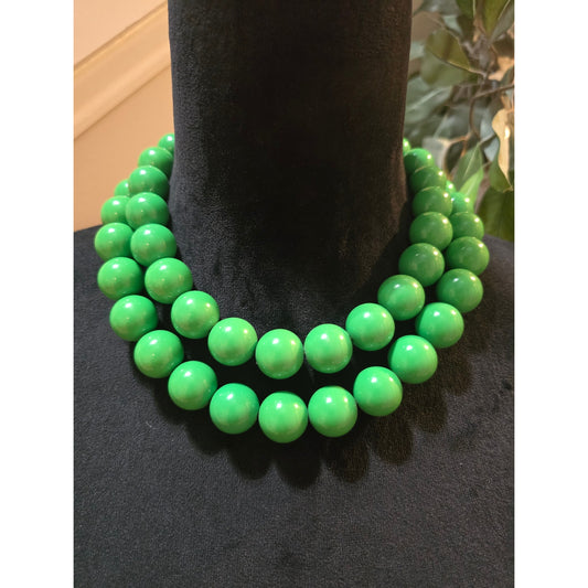 Fornash Vintage Style Green Beaded Necklace Double Strand Gold Tone Clasp Signed