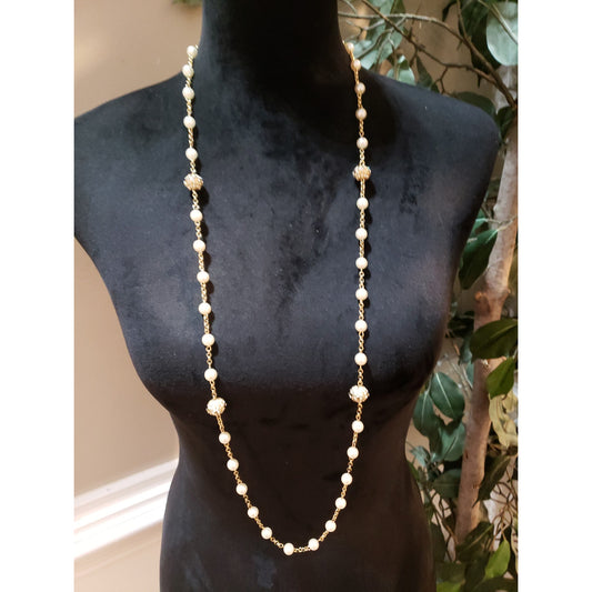 Womens Vtg Napier Faux Pearl Stations Beaded Gold Tone Chain Necklace