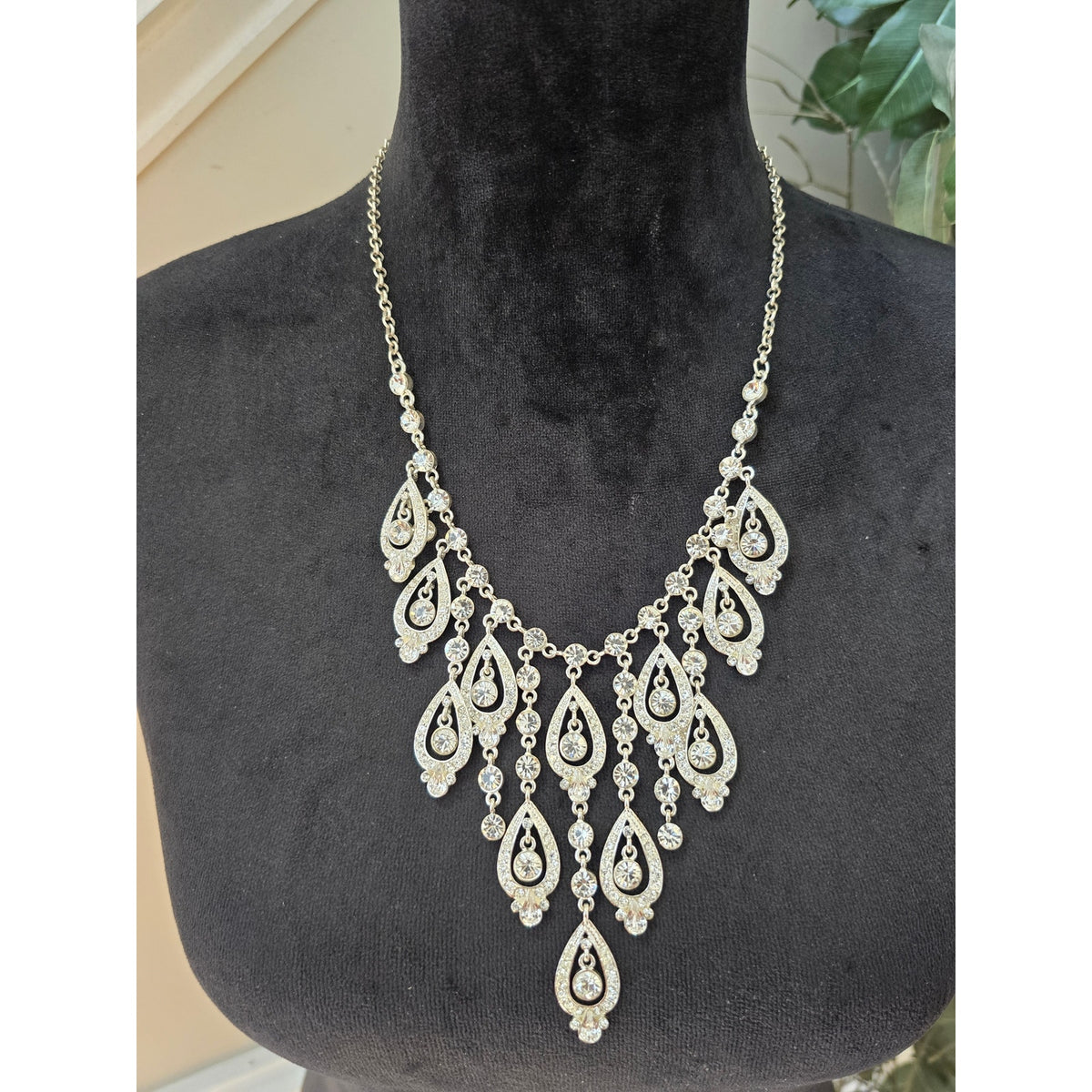 Silver Tone Rhinestone Crystal Teardrop Chandelier Bib Statement Necklace