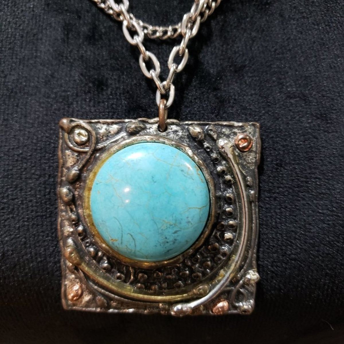 Vintage Silver Chain Brooch Pendant Fringe Pearl Turquoise Necklace