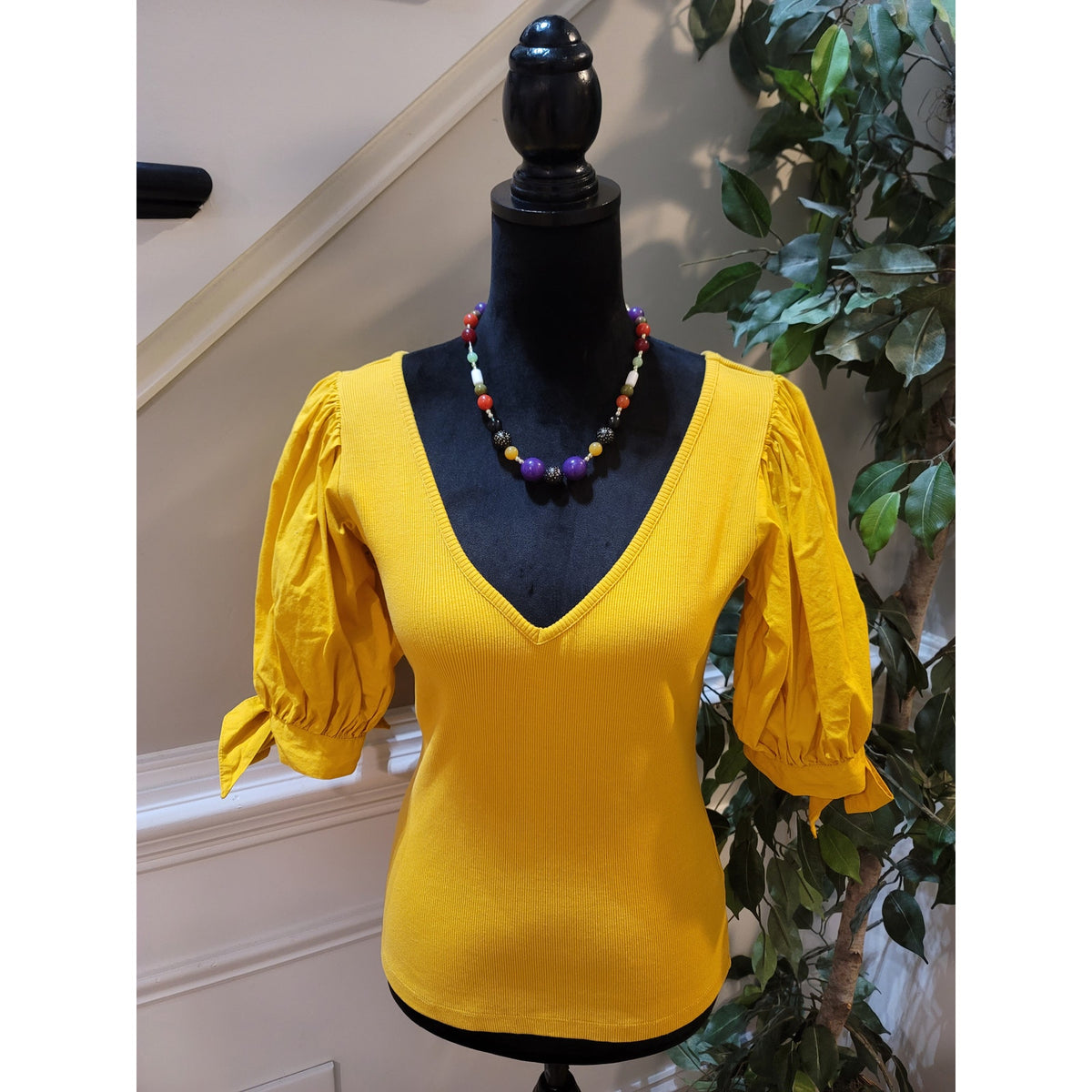 Maeve Blouse Top Women's Small Yellow Ribbed Knit V-Neck Tie-Cuff Puff Sleeves