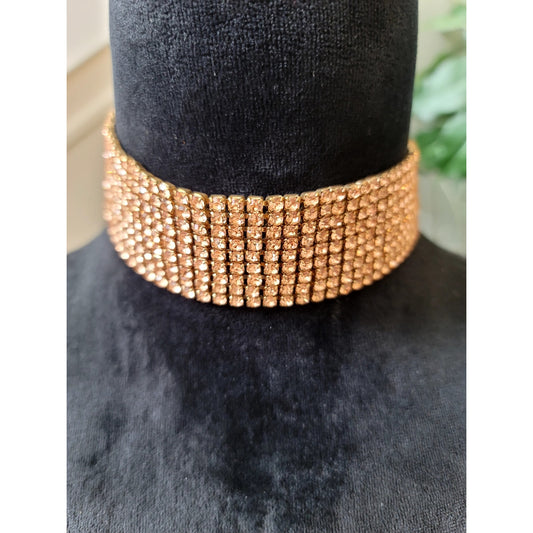 Wide Gold Tone Rhinestone Choker Necklace Sparkling Multi Row Statement Jewelry