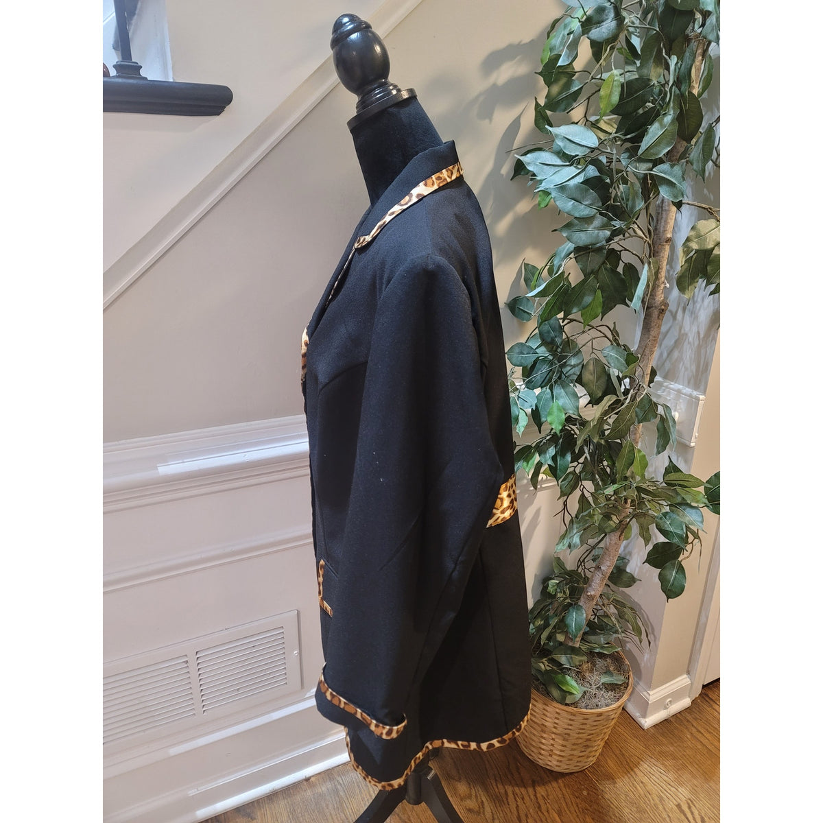 Allison Wood Longline Blazer Women's SZ 20W Black Leopard Print Faux Pocket