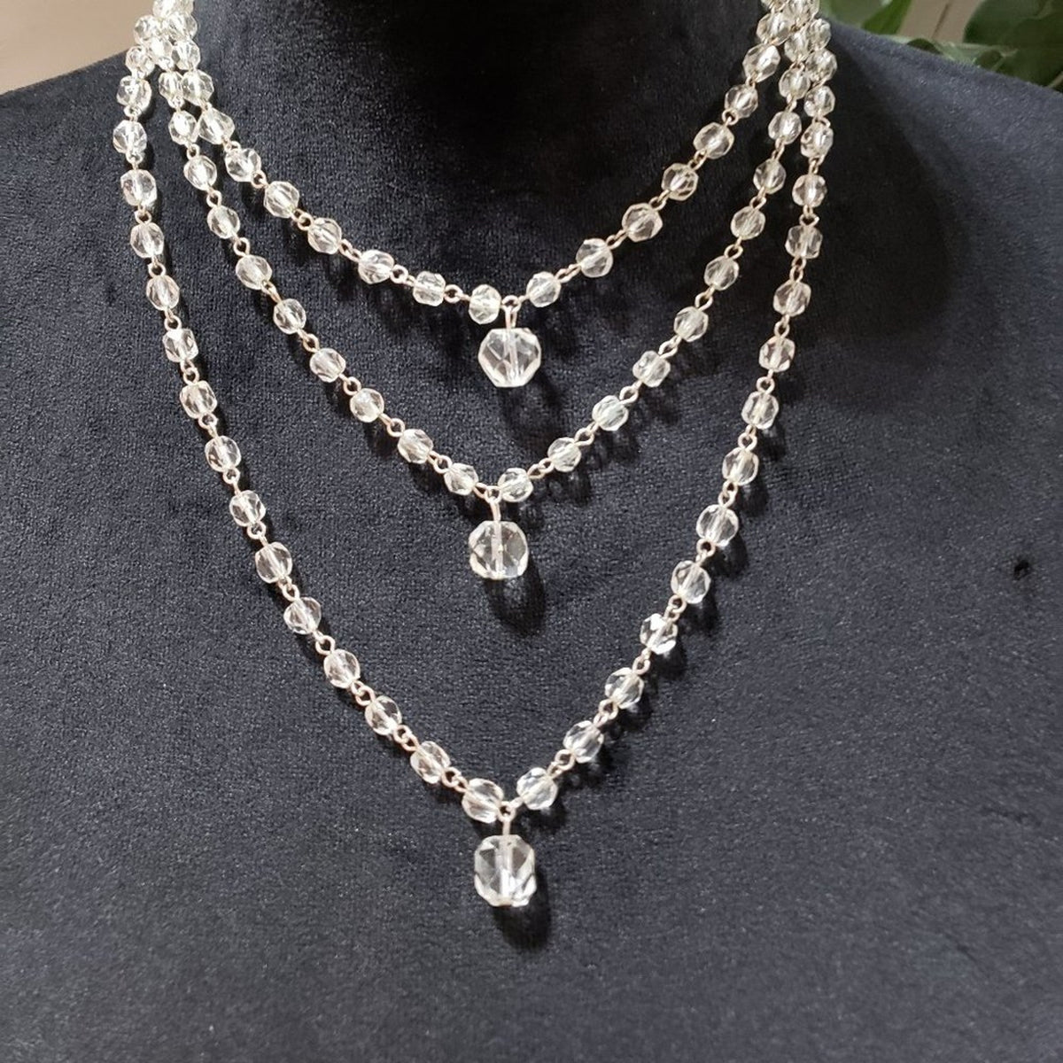 Womens Fashion Triple Strand Clear Faceted Rhinestones Beaded Charm Necklace