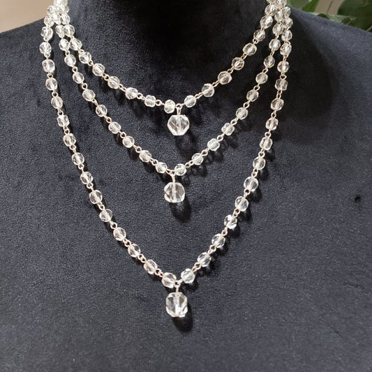 Womens Fashion Triple Strand Clear Faceted Rhinestones Beaded Charm Necklace