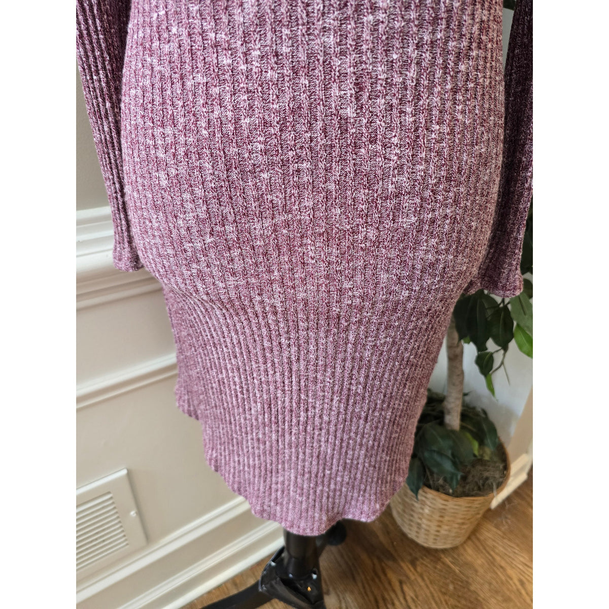 Love Kuza Sweater Dress M Mauve Ribbed Knit Cowl Neck Cold Shoulder Curved Hem