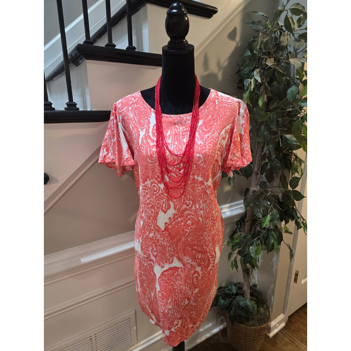 Grace Elements Shift Dress Women's SZ XL Coral Pink Paisley Back keyhole Pockets