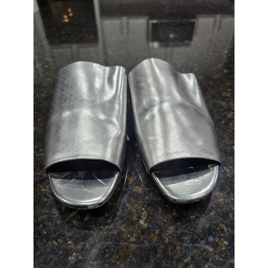 Calvin Klein Sandals Women's Size 8 Silver Leather Open Toe Slide Mule Heels