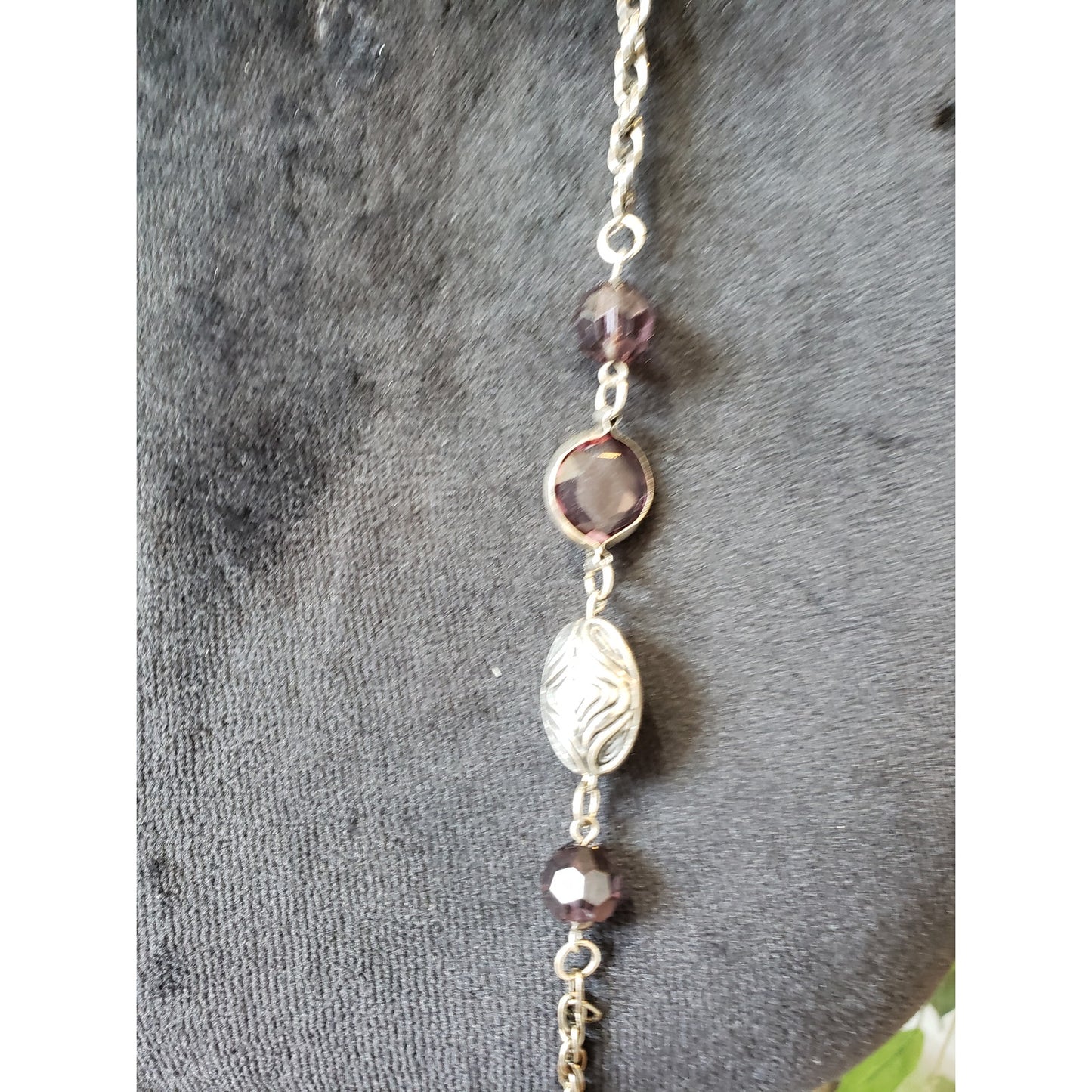 Women Purple Beaded Long Necklace Silver Tone Accents Lobster Clasp Boho