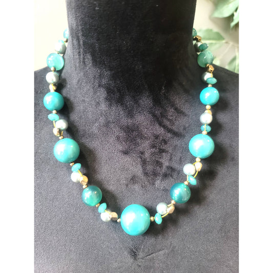 Women's Teal Blue Beaded Necklace Mixed Size Beads Lobster Clasp Boho Jewelry