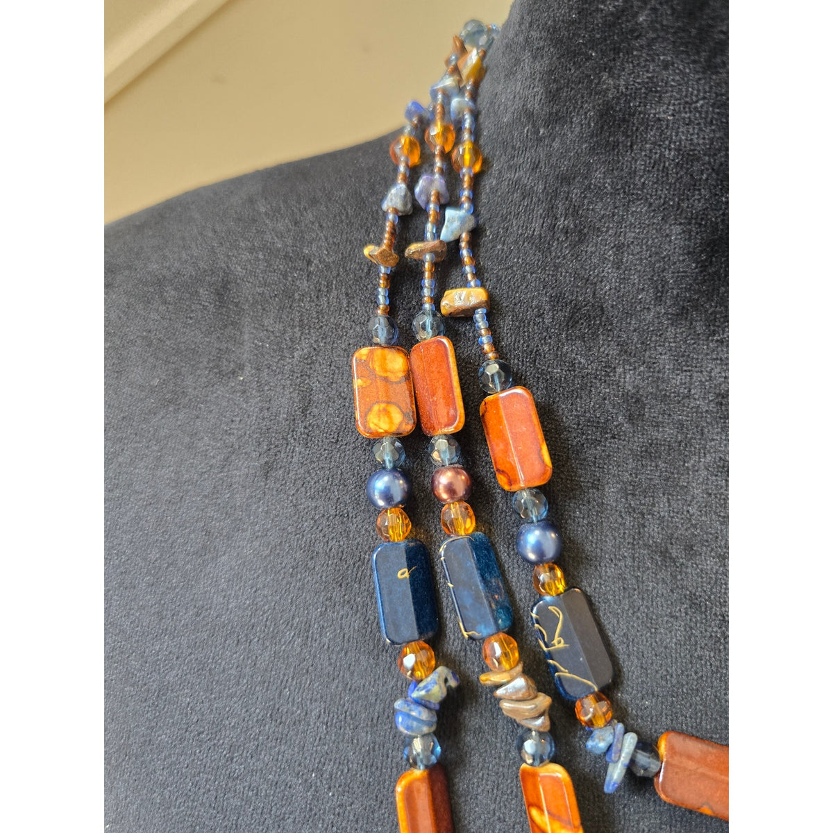Blue Orange Multi Strand Beaded Statement Necklace