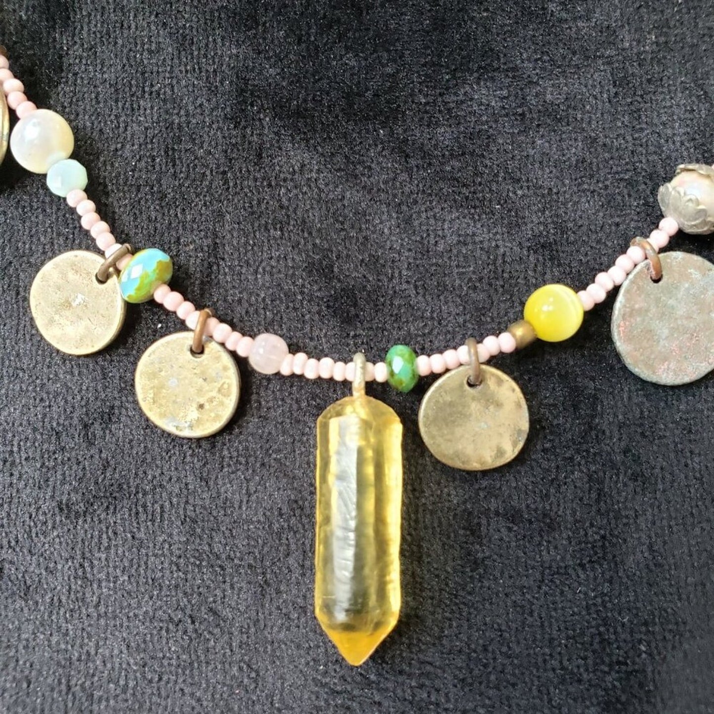 Womens Fashion Yellow Crystal Pink Pearl Beads Charm Necklace with Lobster Clasp