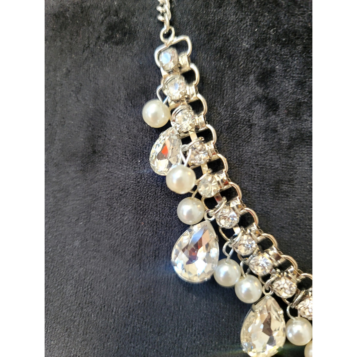 Silver Tone Crystal Teardrop Faux Pearl Statement Necklace Bridal Bib Wedding