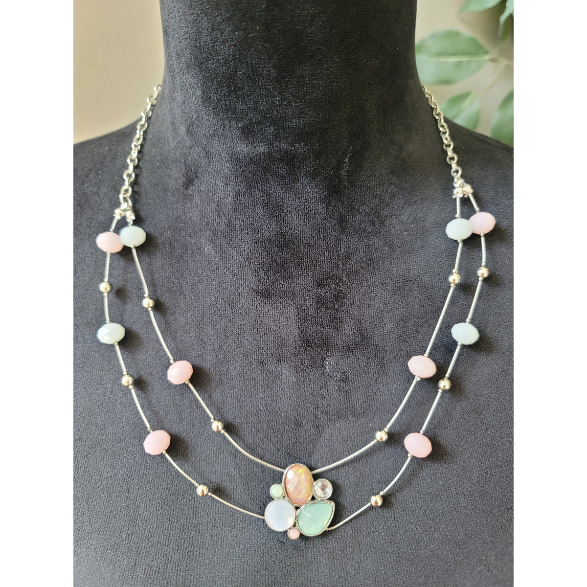 Women's Double Layer Beaded Necklace With Lobster Clasp And Pastel Gemstones