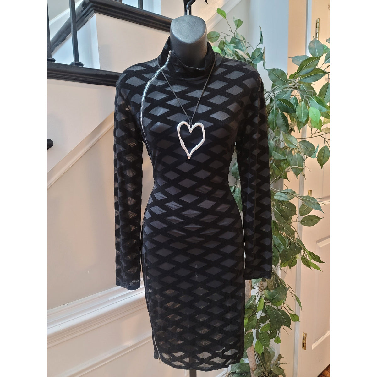 Bodycon Dress Womens Small Black Sheer Geometric Long Sleeve Cocktail Party