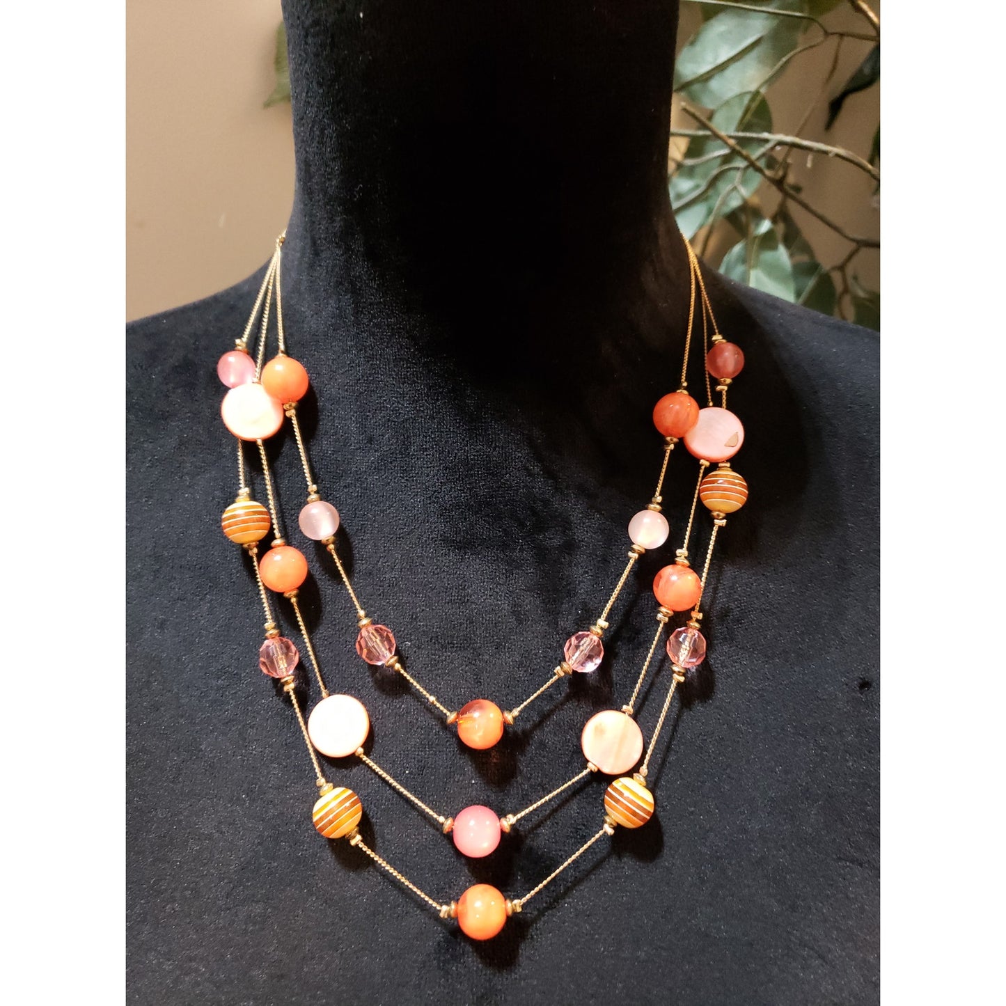 Womens Fashion Three Strand Coral Died Shell and Glass Beads Station Necklace