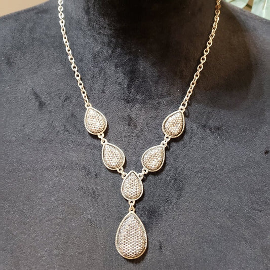 Womens Silver Plated Crystal Puffy Link Tear Drop V Shape Necklace with Lobster