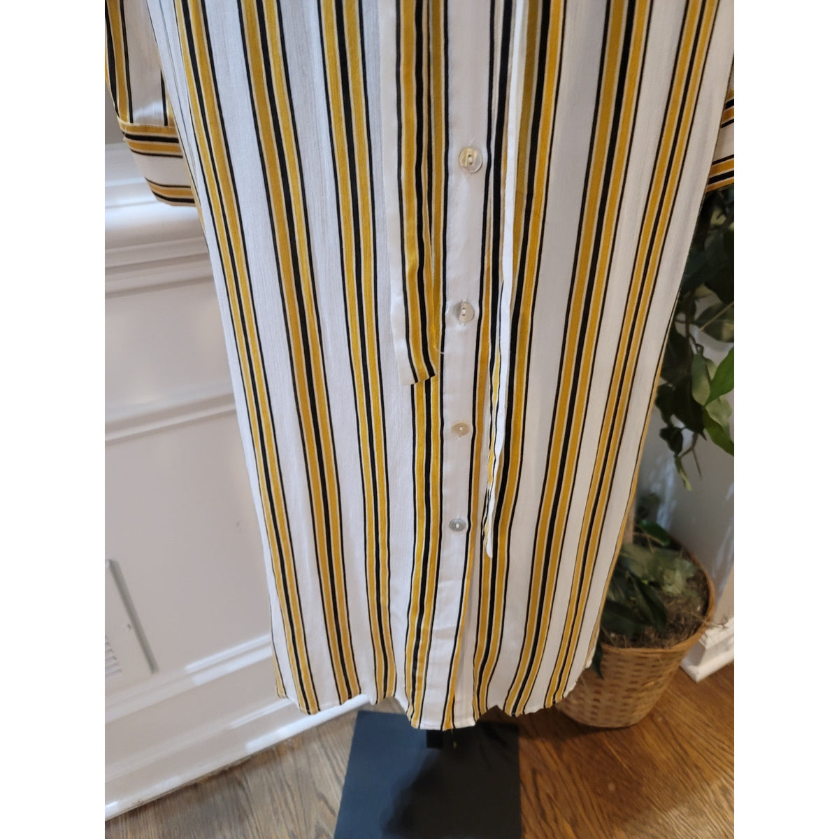 Forever 21 Shirt Dress Women's 2X White Yellow Stripes Collared Long Sleeves