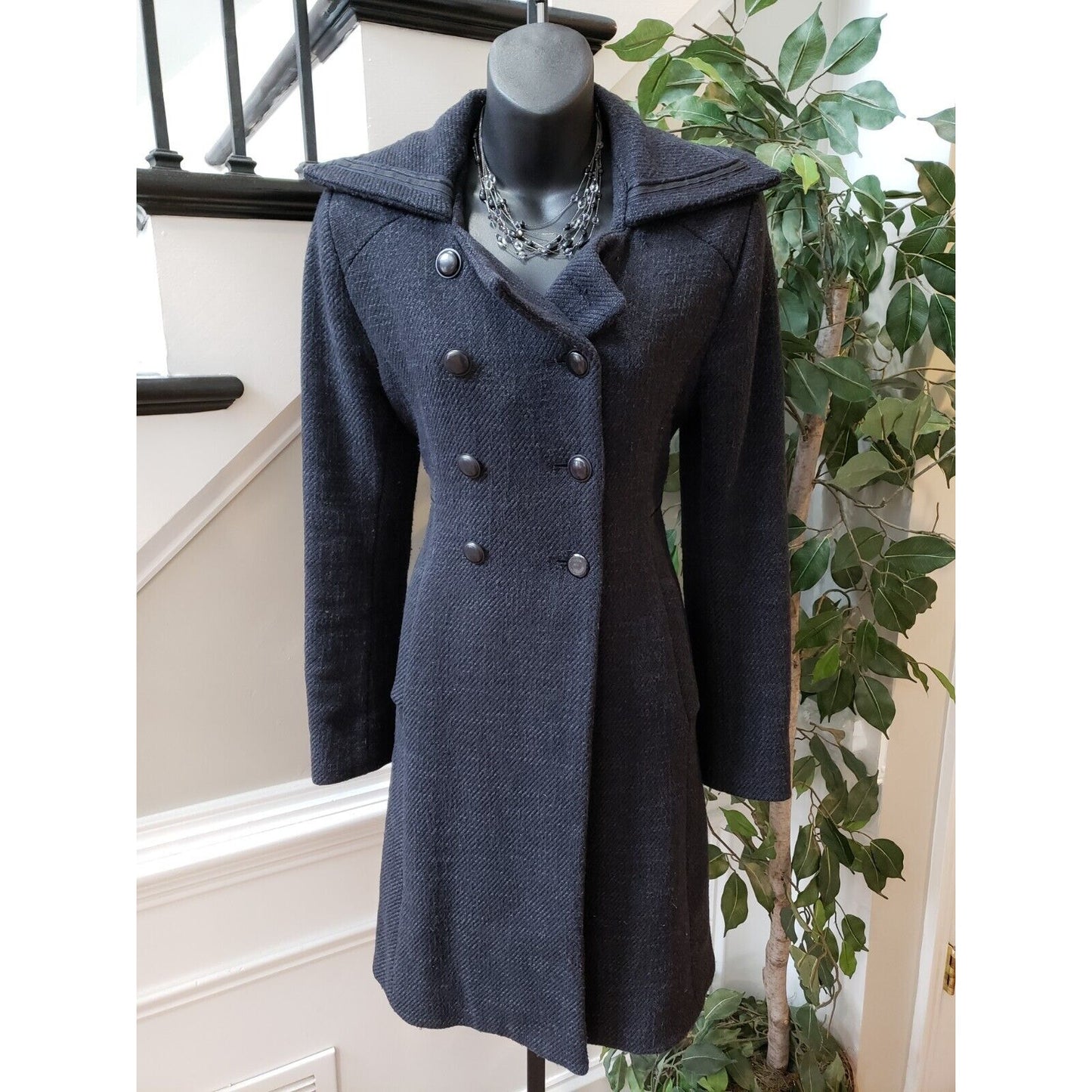 Mint Womens Black Wool Lined Wide Collar Double Breasted Trench Coat Size 2
