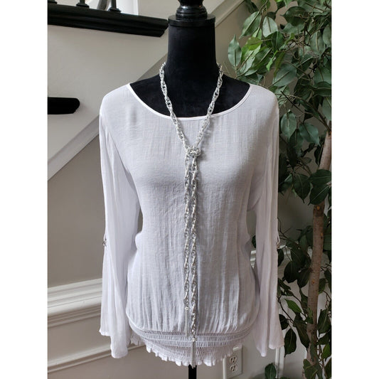 Fever Women's White Solid Viscose Round Neck Long Sleeve Top Blouse Size Large