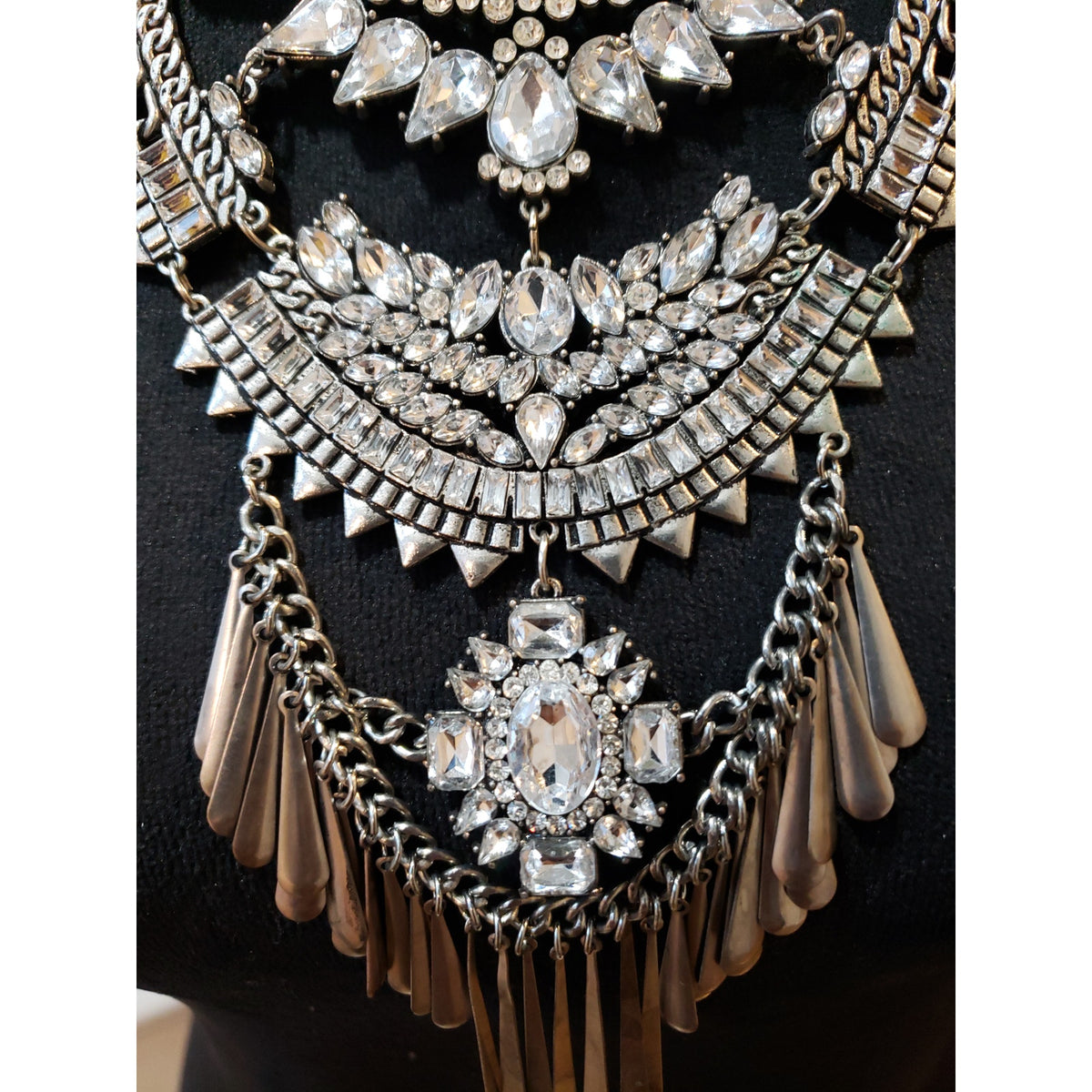 Women Silver Clear Crystal Rhinestone Layered Statement Bib Necklace Jewelry