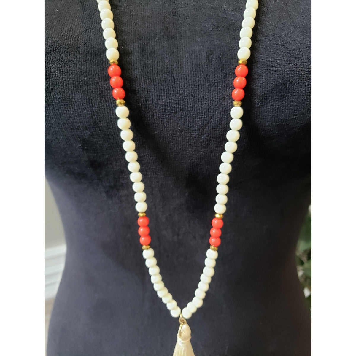Women's Beaded Long Necklace Ivory Red Beads Tassel Pendant Lobster Clasp Jewelry