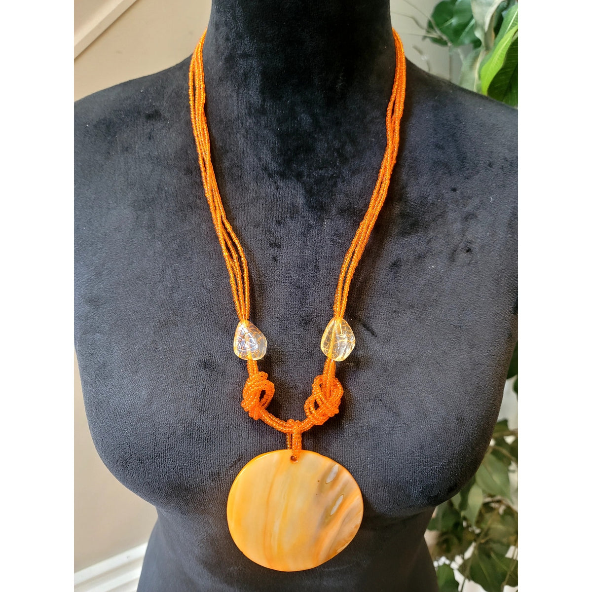 Orange Seed Bead Multi Strand Necklace Large Resin Disc Pendant Boho Statement