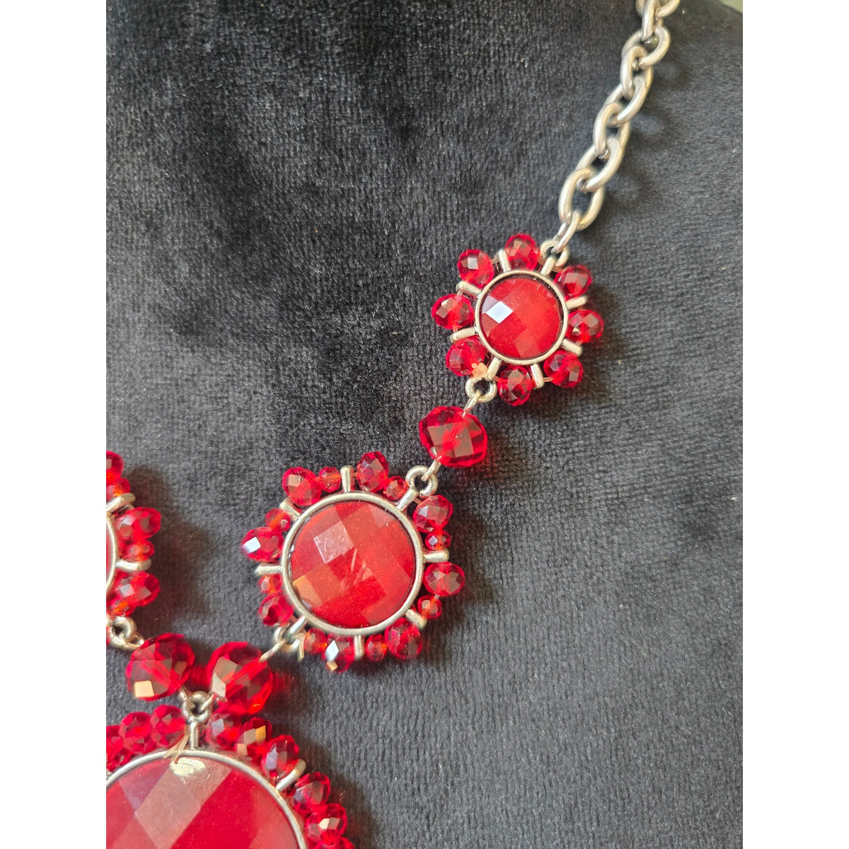 Silver Tone Red Rhinestone Bib Statement Necklace