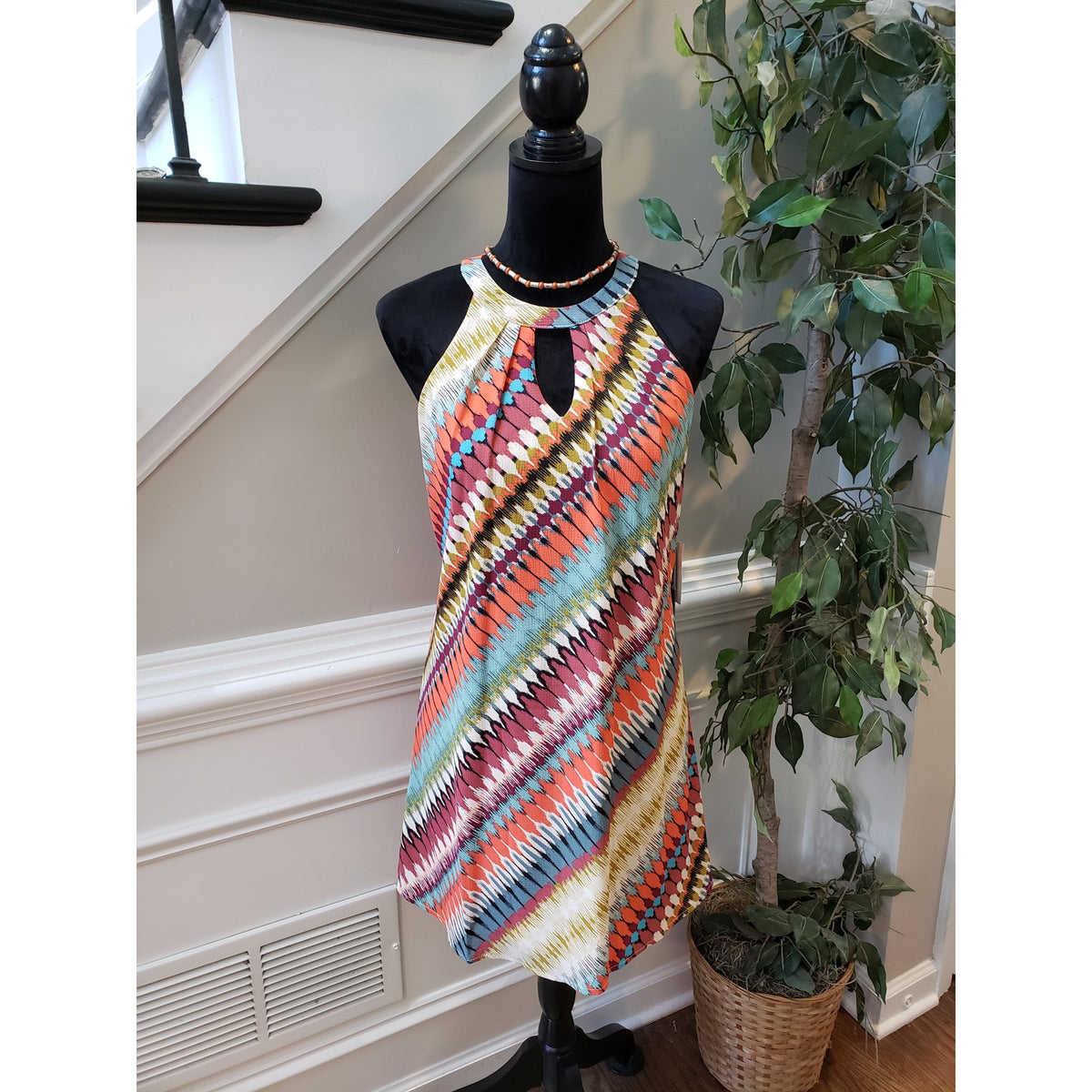 As U Wish Dress Women M Multicolor Sleeveless Ikat Halter Keyhole Boho Chic