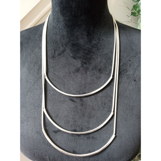 Vintage Silver Tone Layered Snake Chain Necklace Minimalist Multi Strand Collar