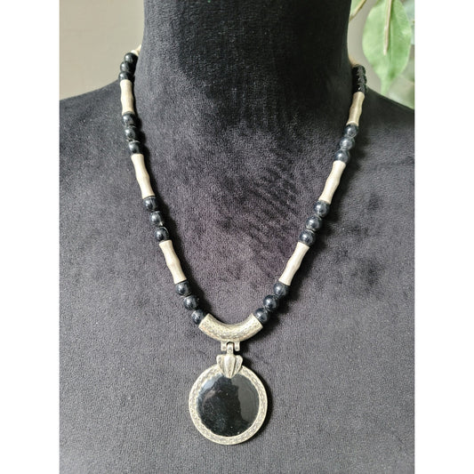 Women's Black Beaded Necklace With Round Silver Pendant And Lobster Clasp Lock