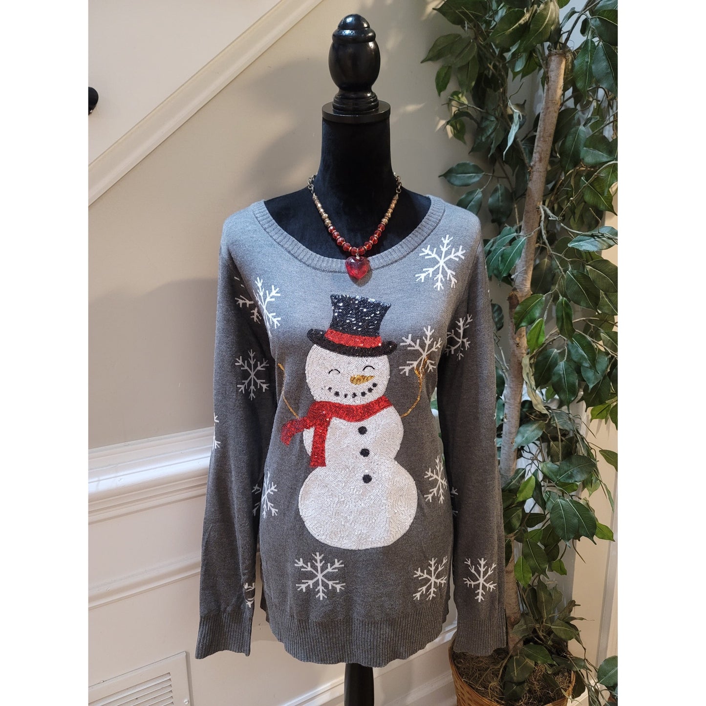 Tipsy Elves Christmas Sweater Women's Large Gray Snowman Long Sleeve Pullover