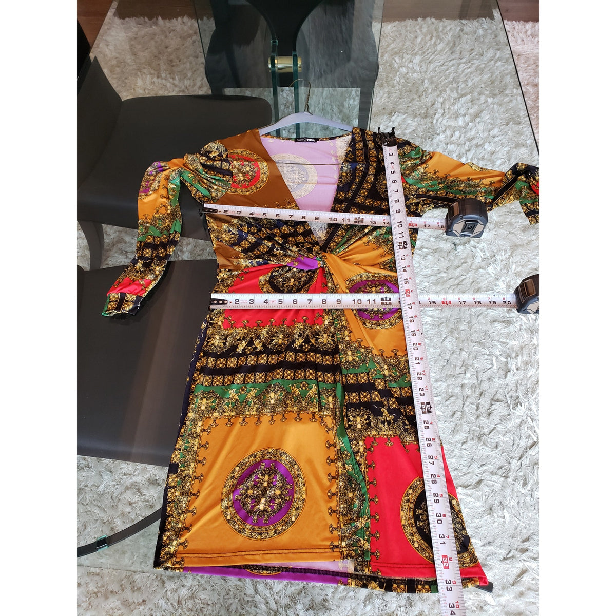 Fashion Nova Fit & Flare Dress Womens Large Multi Geometric Stretch Long Sleeve