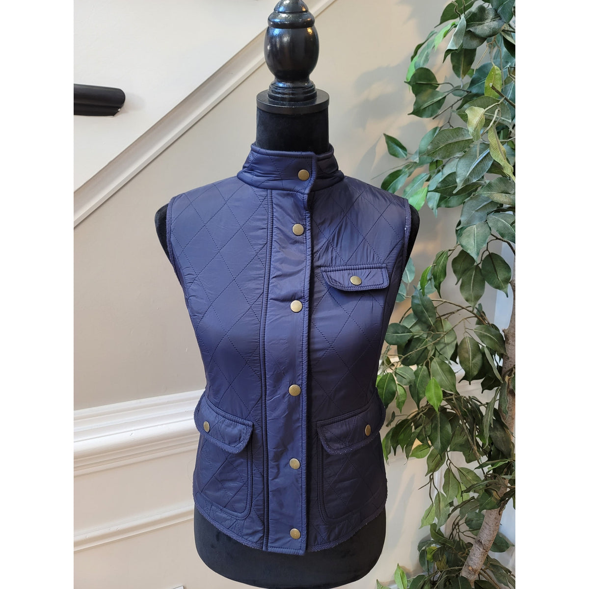 Talbots Gilet Vest Women's SZ XS Navy Blue Quilted Fleece Lined Utility Pockets