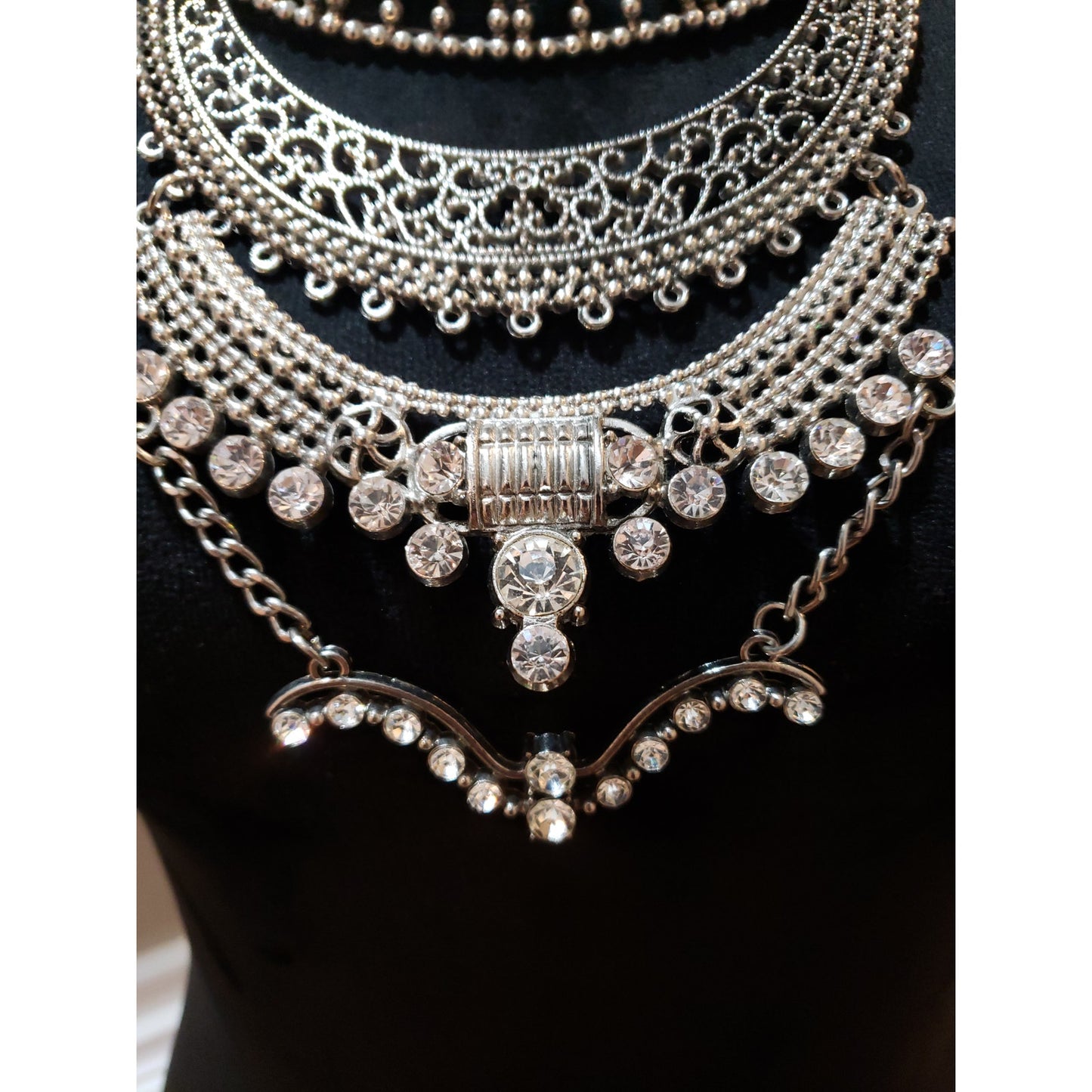 Women Fashion 4 Strand Crystals Metal Beaded Filigree Statement Necklace Jewelry