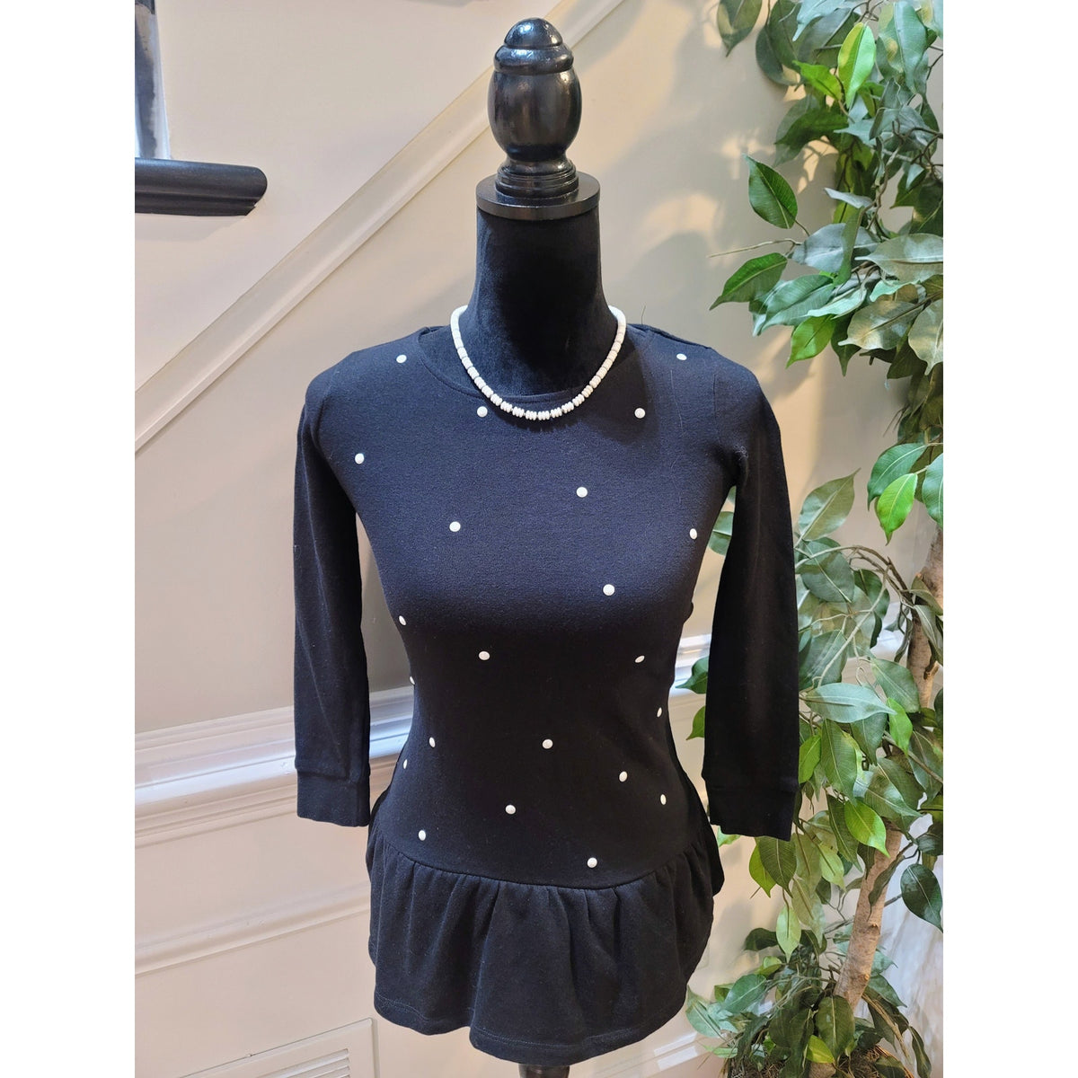 Epic Threads Pullover Sweater Women Small Black Polka Dot Pleated Hem 3/4 Sleeve