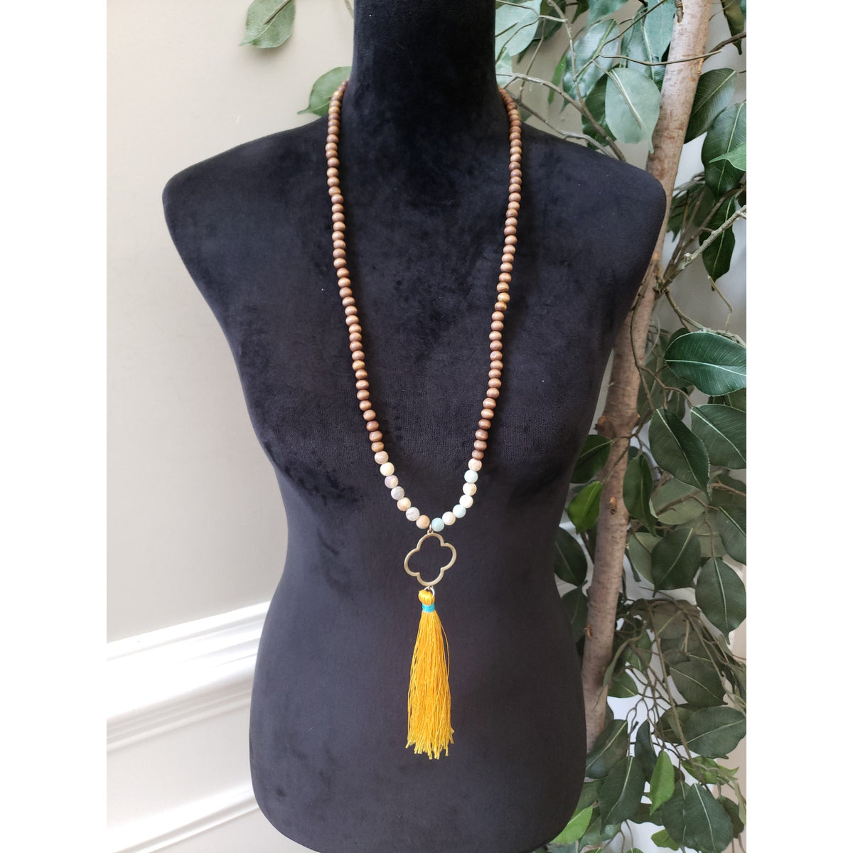 Womens Fashion Jasper Wooden Beads Chain Yellow Tassel Lariat Necklace Jewelry