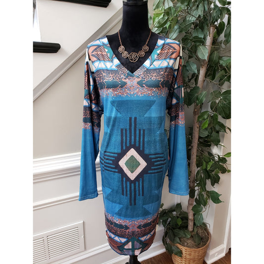 A-Line Dress Woemns 2XL Blue Geo Print Stretch Long Sleeve V Neck Side Pockets